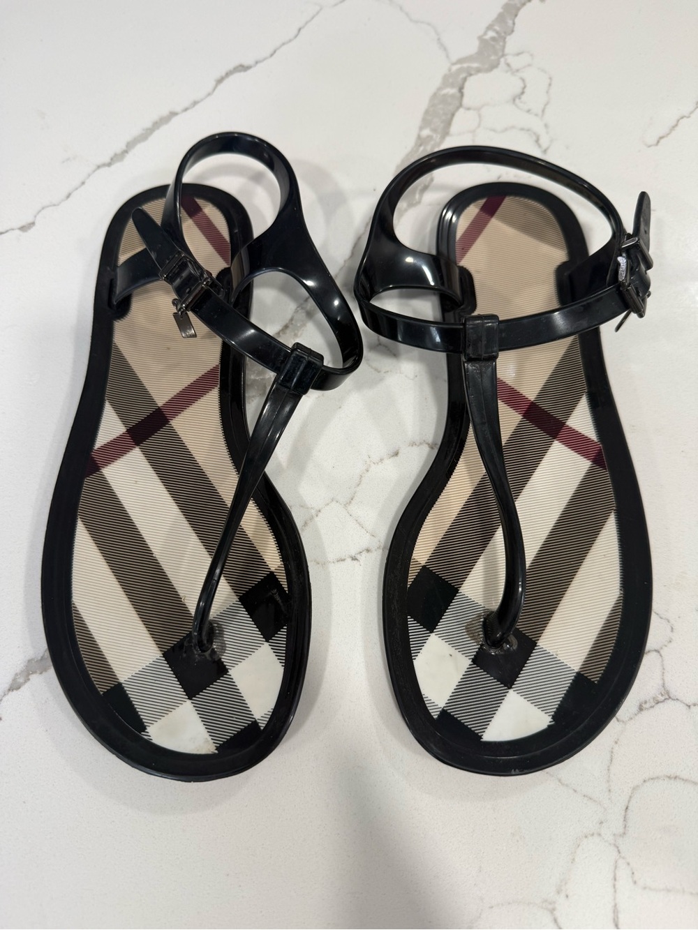 Burberry Black Gloss T-Strap Sandals with Nova Check Insole
